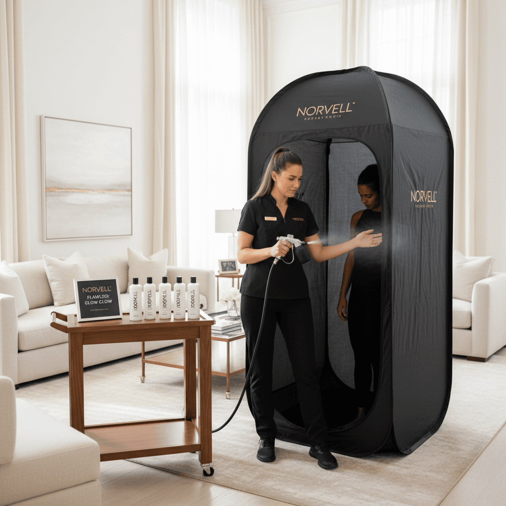 Professional technician applying spray tan to a woman inside a black Norvell pop-up tent.