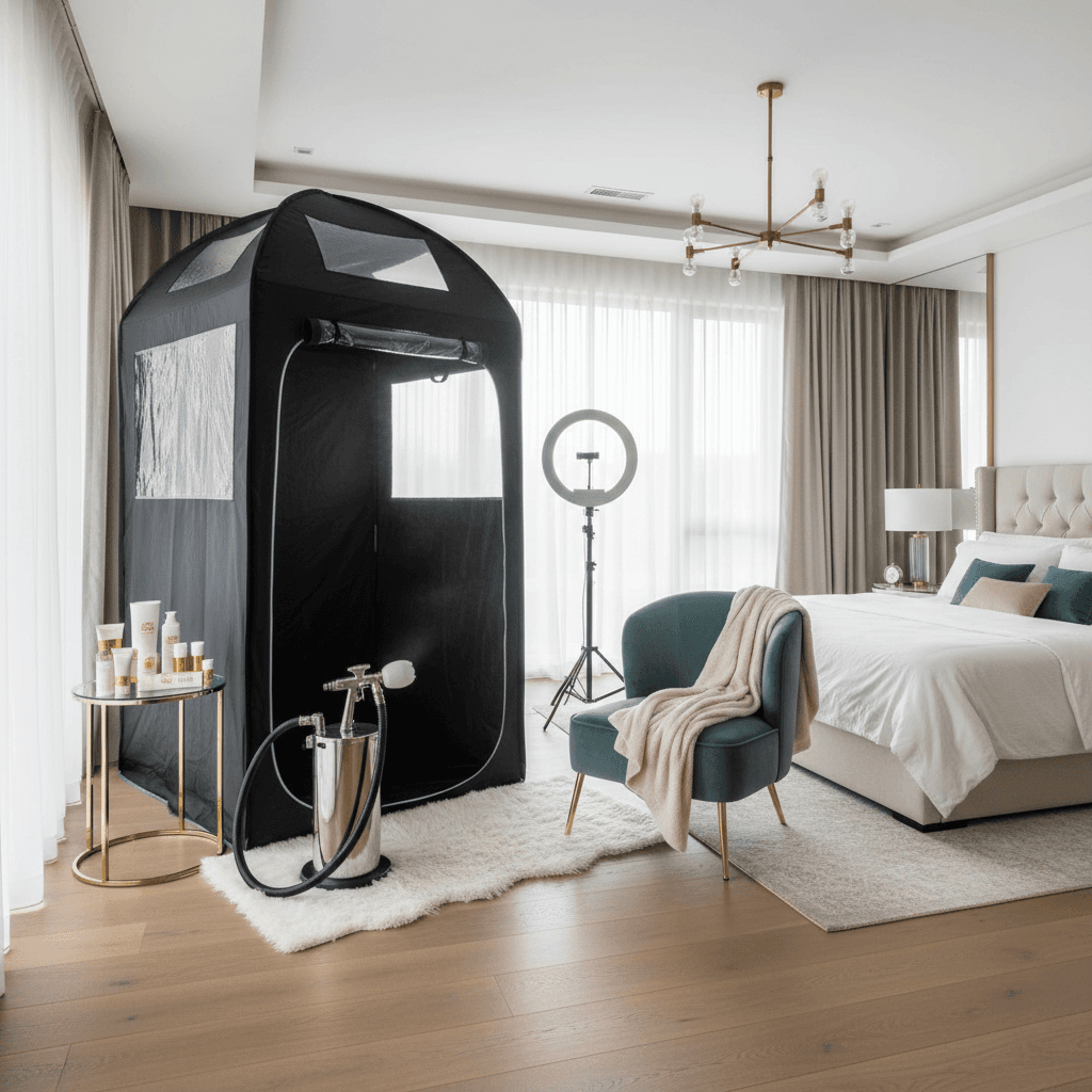 Mobile spray tanning service at client's home