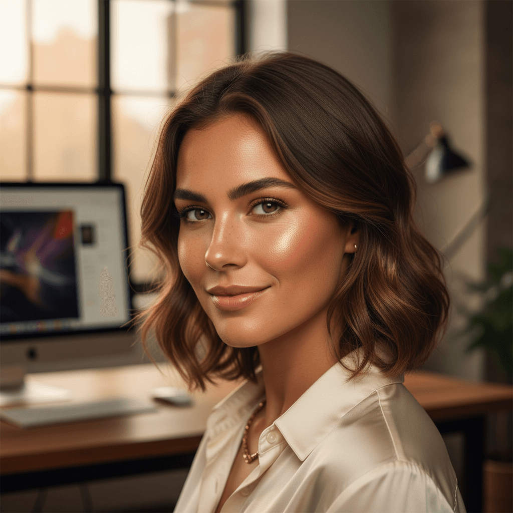 Woman with natural sun-kissed spray tan glow in professional setting with warm lighting