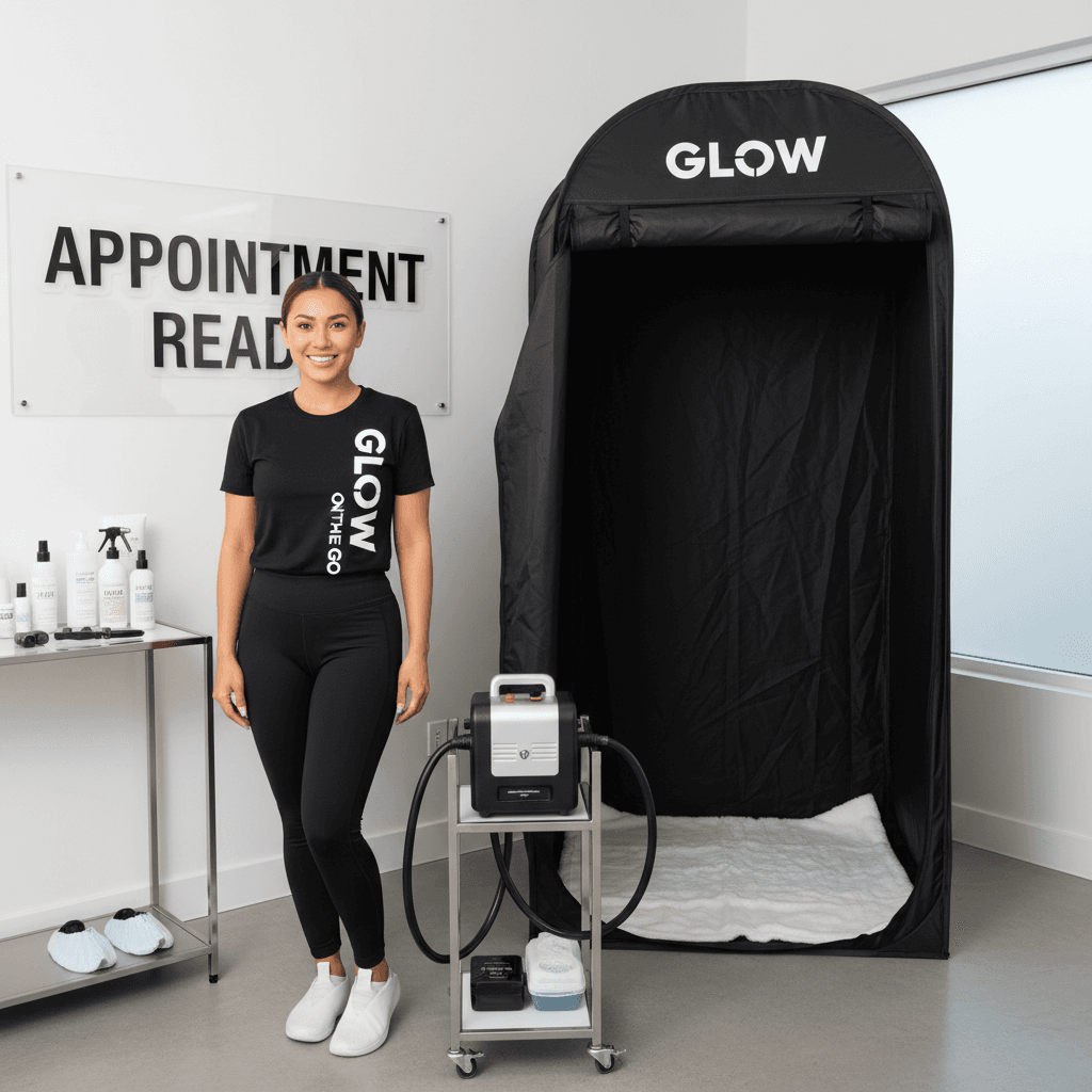 Beauty professional with spray tan equipment ready for client appointment