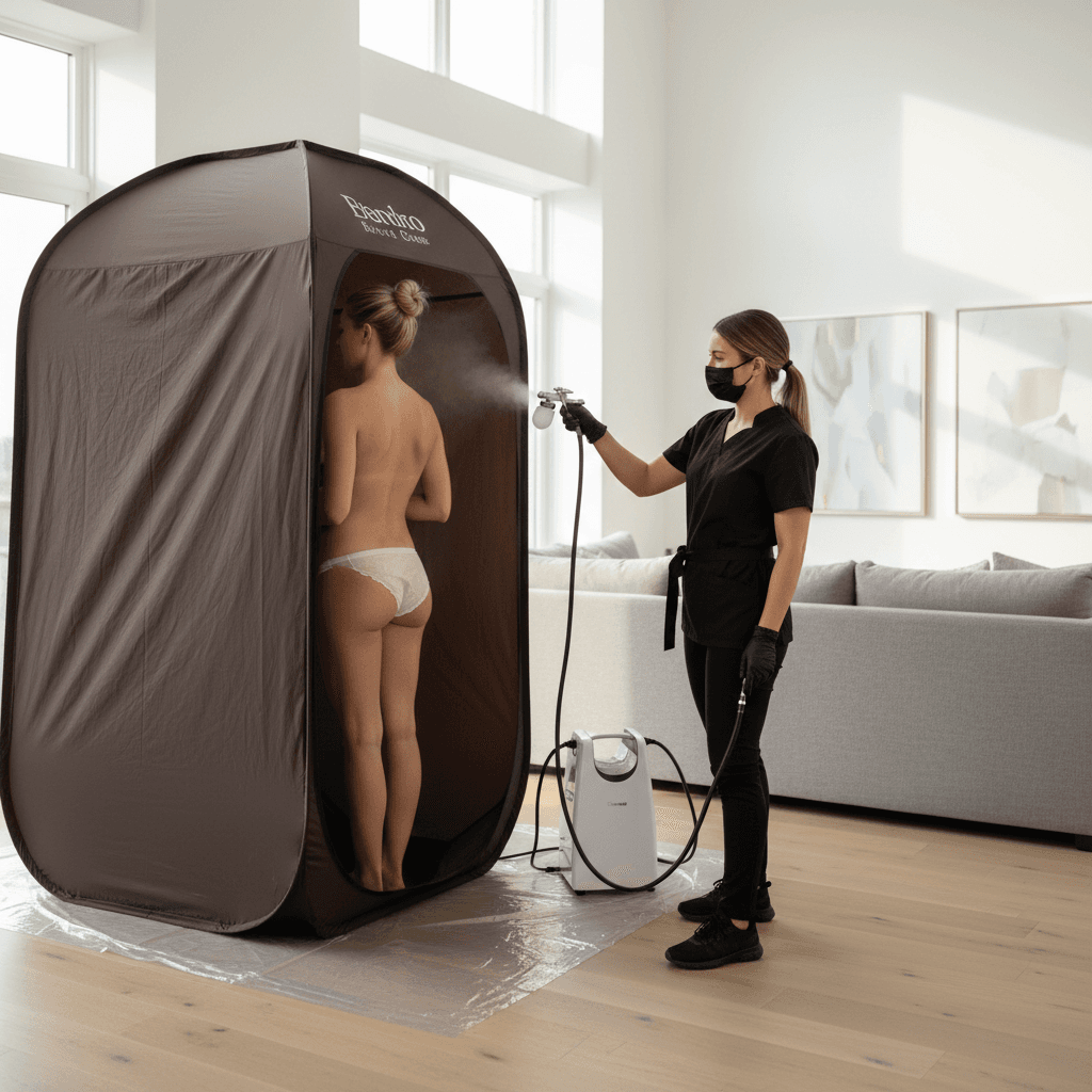 Professional spray tanning application in home setting modern interior