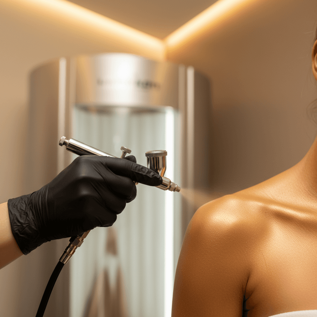 Professional spray tanning technician applying custom solution to client's shoulder using precision airbrush technique in spa setting