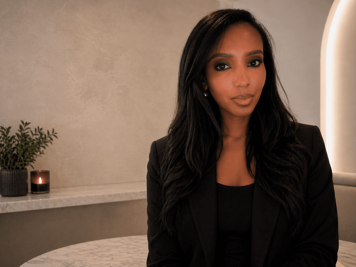 Woman with long dark hair wearing a black blazer in a minimalist, modern room.
